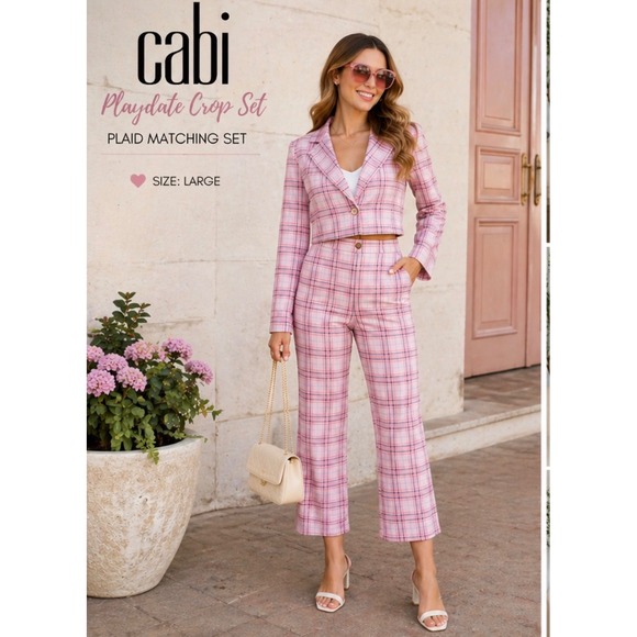 CAbi Pants - Cabi Pink Plaid 2 Piece Set Cropped Blazer and Wide Leg Pants Womens Size‎ L
